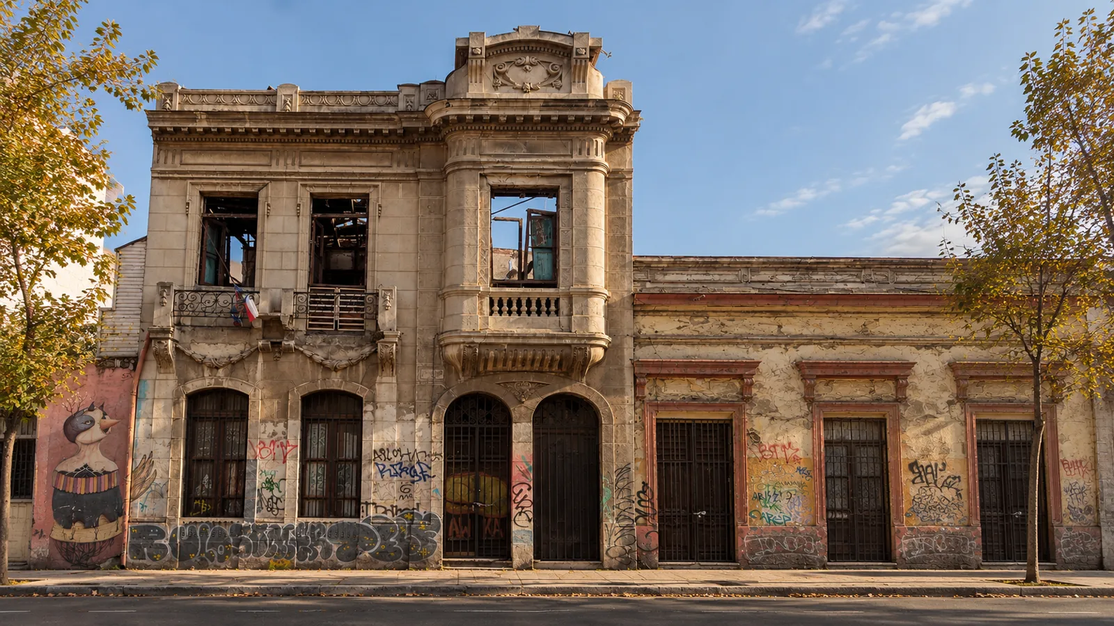 Fachada de un edificio patrimonial de dos pisos en el Barrio Yungay, Santiago