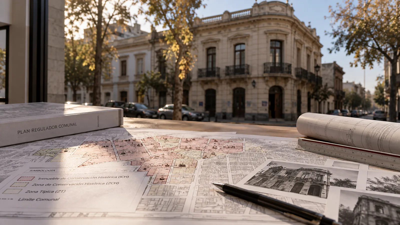 Planos y documentos sobre una mesa, frente a una calle con edificios de conservación histórica en Santiago