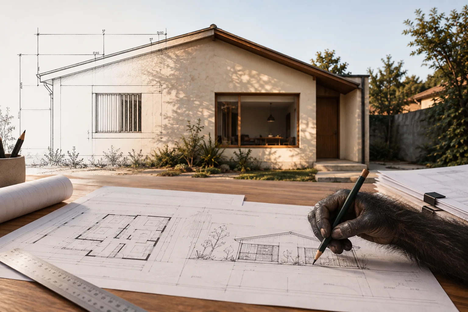 Planos de regularización sobre una mesa de trabajo, frente a una vivienda de un piso con ampliación