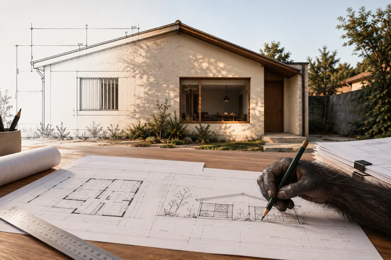 Planos de regularización sobre una mesa de trabajo, frente a una vivienda de un piso con ampliación