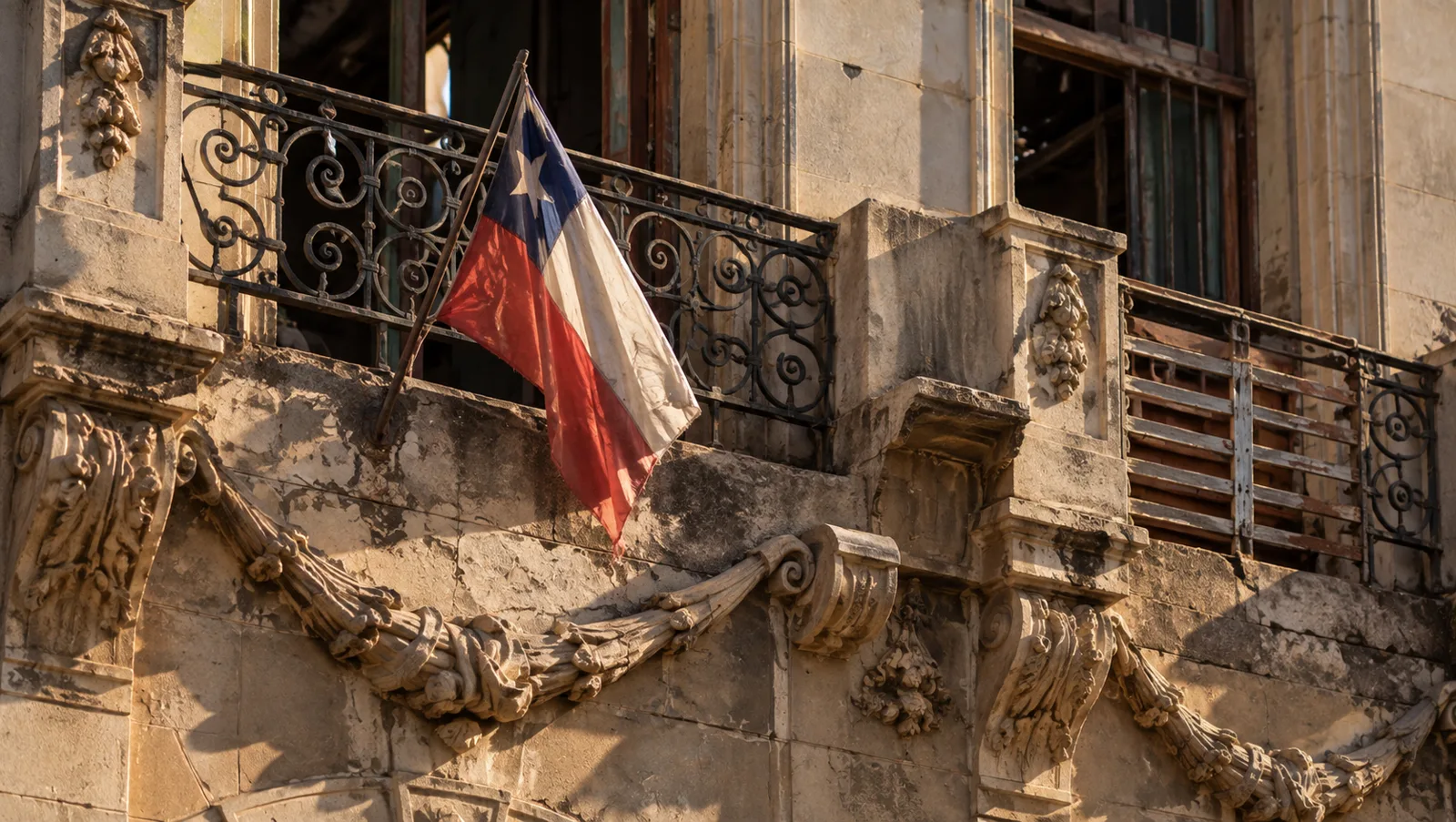 Balcón de fierro forjado con bandera chilena en un edificio de una Zona Típica de Santiago