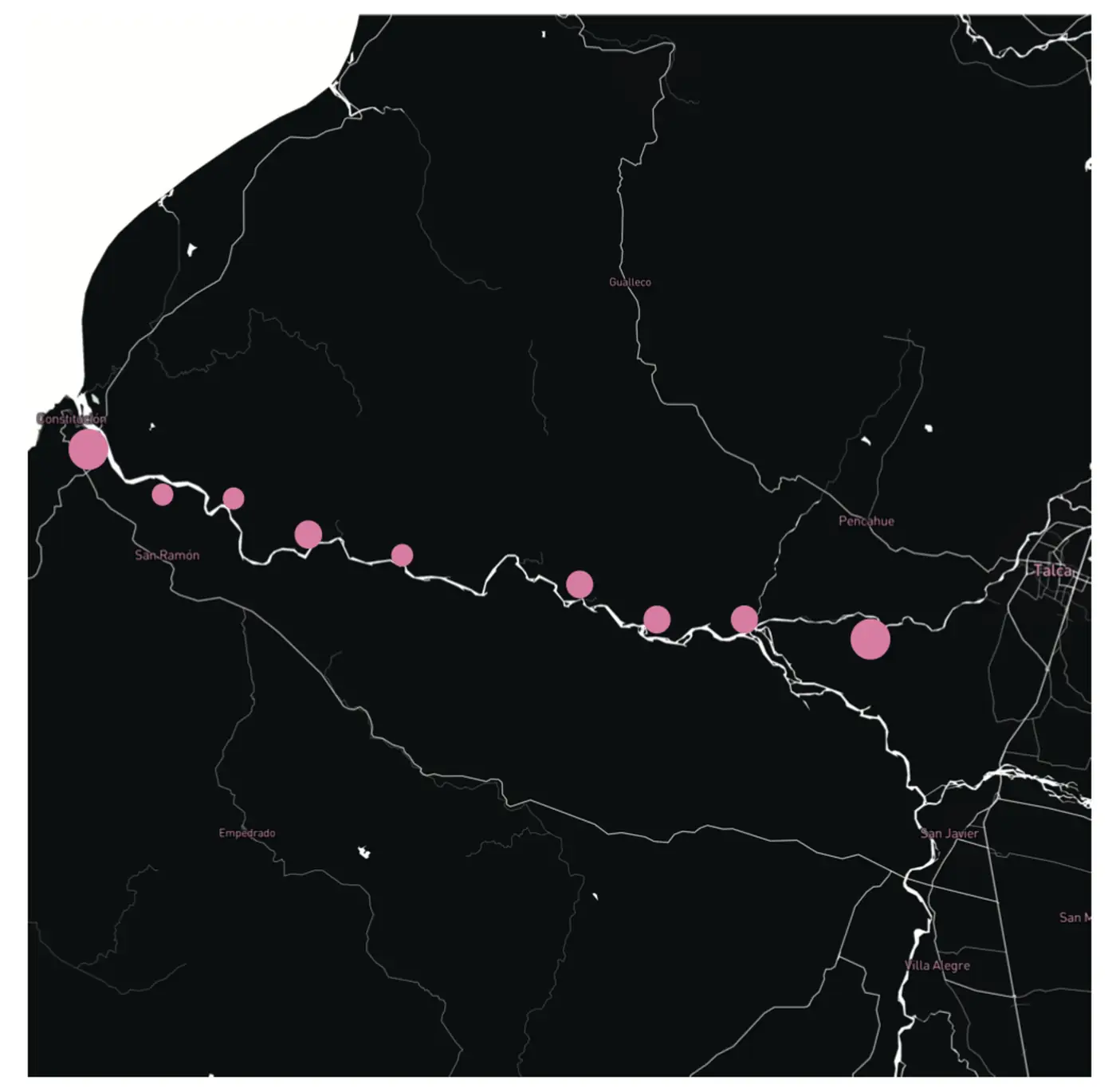 Ramal — mapa de emplazamiento de los once paraderos en el corredor ferroviario Talca–Constitución
