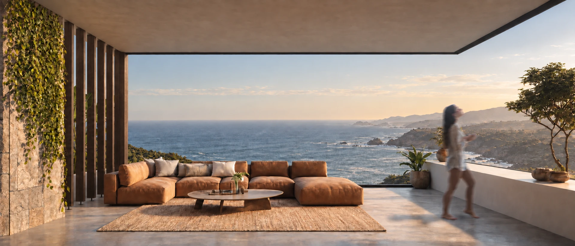 Terraza de una vivienda frente al mar, con una figura en movimiento